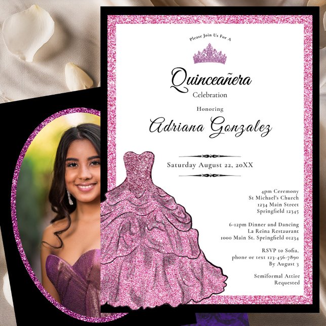 Pink Dress and Tiara Custom Photo Quinceanera Invitation (Creator Uploaded)