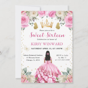 Pink Dress Black Hair  Princess Sweet 16 Invitation