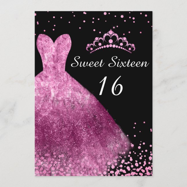 Pink Dress & Black Sweet 16 16th Birthday Party Invitation (Front)