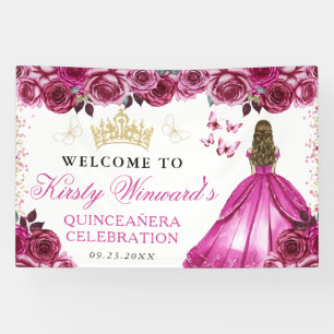 Pink Dress Blonde Princess Floral Quinceanera Banner