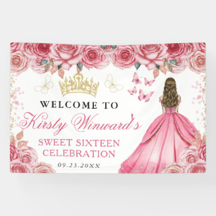 Pink Dress Blonde Princess Floral Sweet 16 Banner