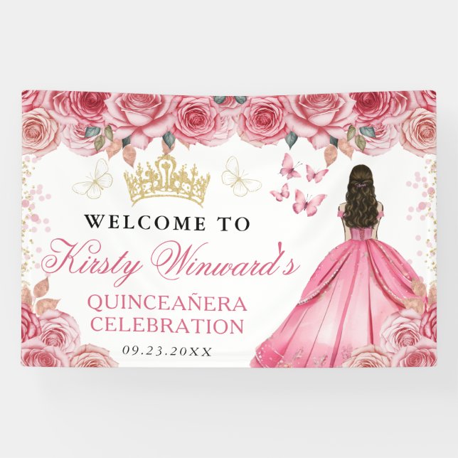 Pink Dress Brunette Princess Floral Quinceanera Banner (Horizontal)