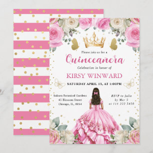 Pink Dress Brunette Princess Quinceanera Invitation