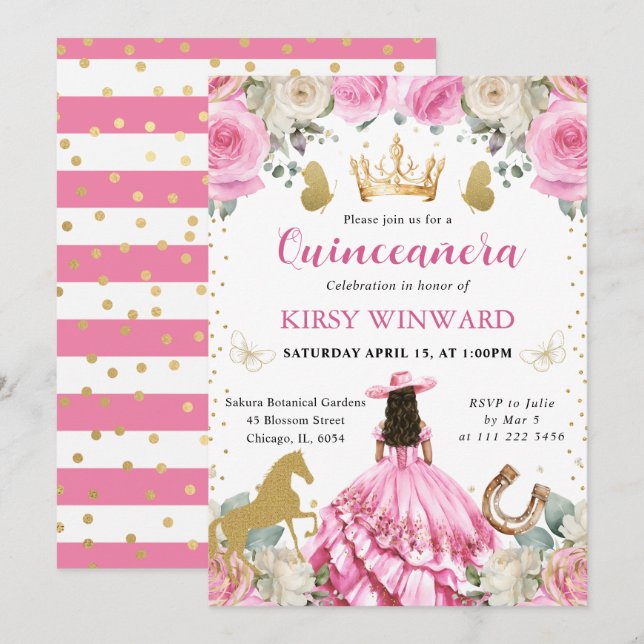 Pink Dress Brunette Western Princess Quinceanera Invitation (Front/Back)