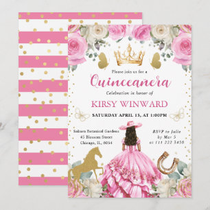 Pink Dress Brunette Western Princess Quinceanera Invitation