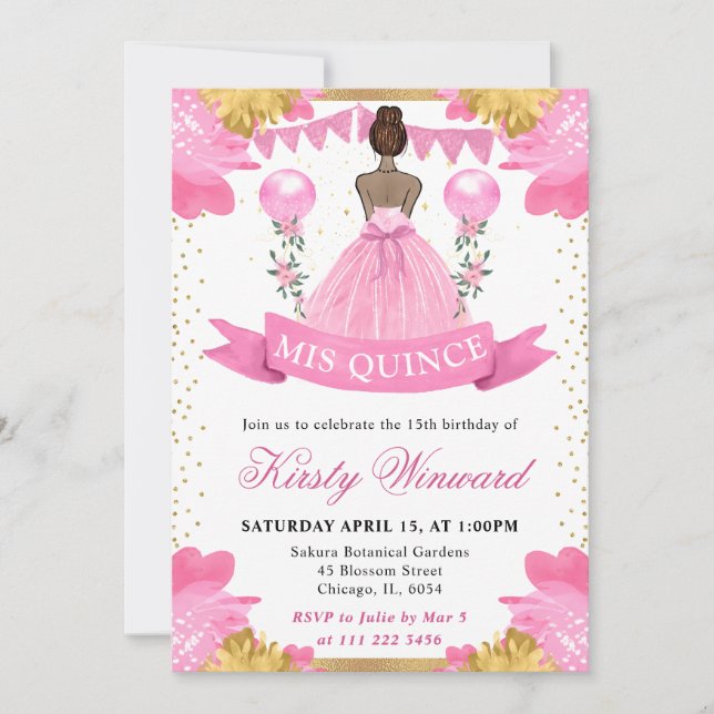 Pink Dress Dark Skin Princess Quinceanera Invitation (Front)