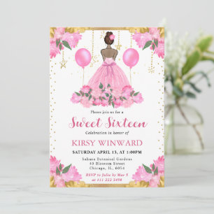 Pink Dress Dark Skin Princess Sweet 16 Invitation