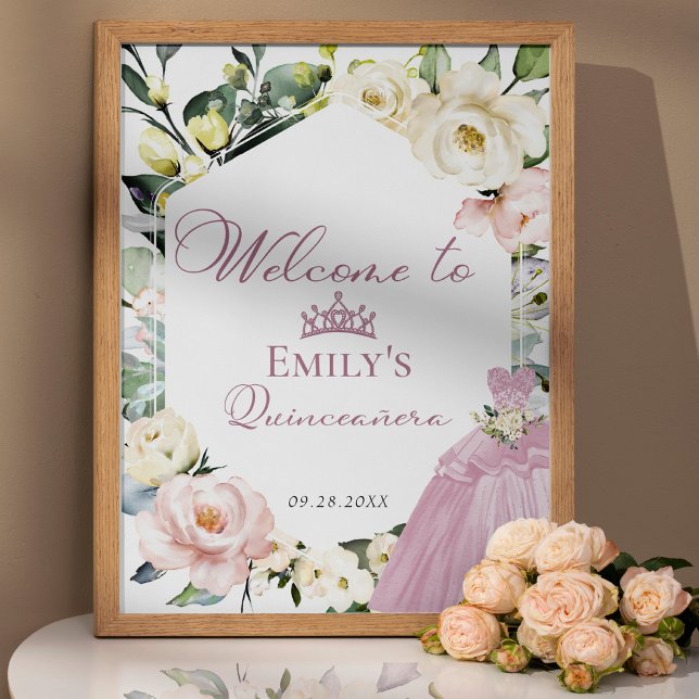 Pink Dress Floral Frame Quinceañera Welcome Sign (Creator Uploaded)