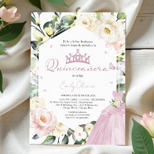 Pink Dress Floral Photo Quinceañera spanish Invitation