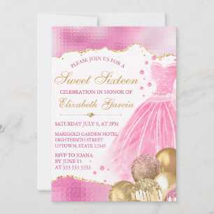 Pink Dress & Gold Glitter Balloons Sweet 16 Invitation