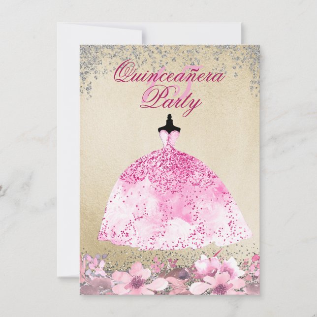 Pink Dress Gold Silver Glitter Quinceanera Invite (Front)