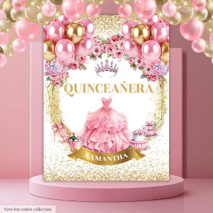 Pink Dress Quinceañera Backdrop Glitter Balloons Tapestry