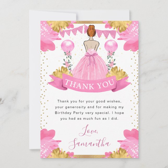 Pink Dress Red Haired Princess Birthday Thank You Card (Front)