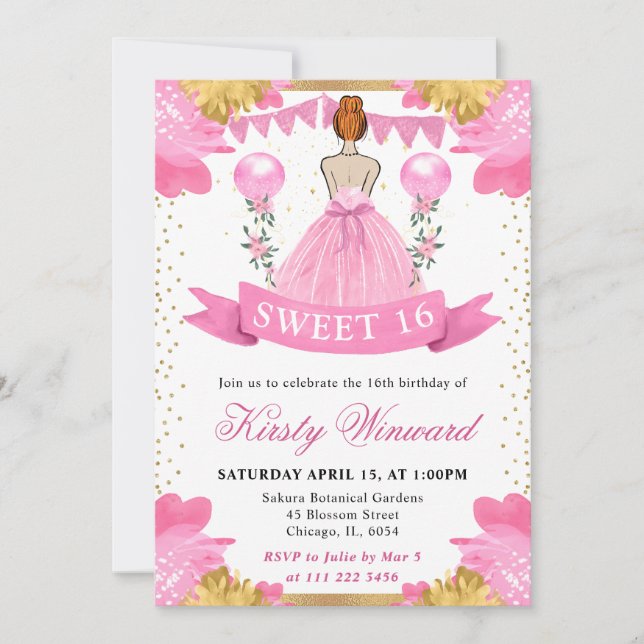 Pink Dress Red Haired Princess Sweet 16 Invitation (Front)