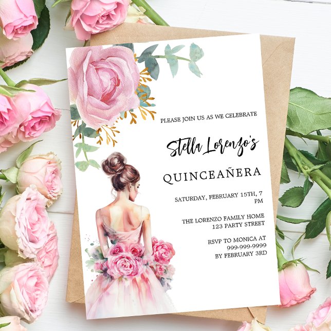 Pink dress rose floral Quinceanera luxury Invitation (Creator Uploaded)