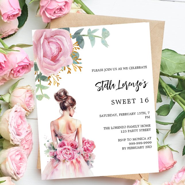 Pink dress rose floral Sweet 16 budget invitation (Creator Uploaded)