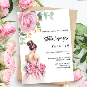 Pink dress rose floral Sweet 16 Invitation
