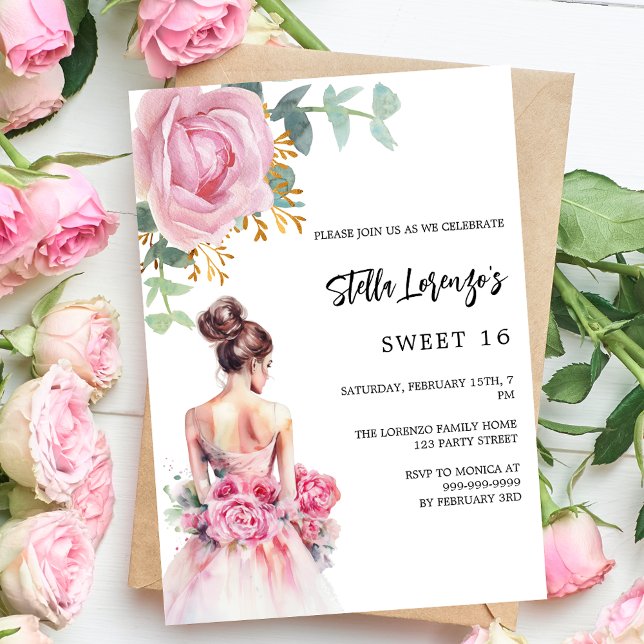 Pink dress rose floral Sweet 16 Invitation (Creator Uploaded)