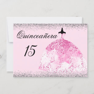 Pink Dress Silver Confetti Quinceanera invitation
