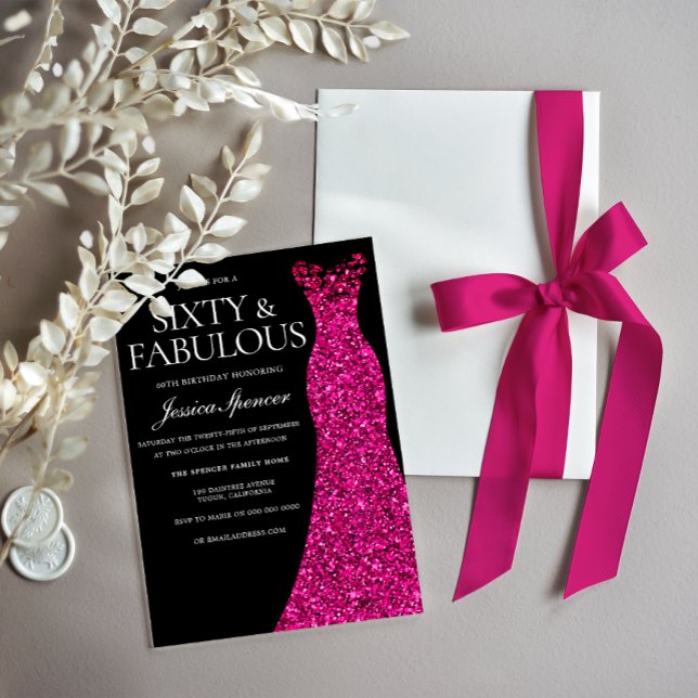 Pink Dress Sixty & Fabulous Black 60th Birthday Invitation (Creator Uploaded)