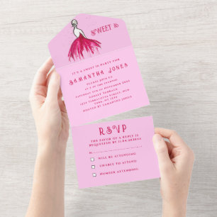 Pink Dress Sweet 16 Floral Sixteen Girly Elegant A All In One Invitation