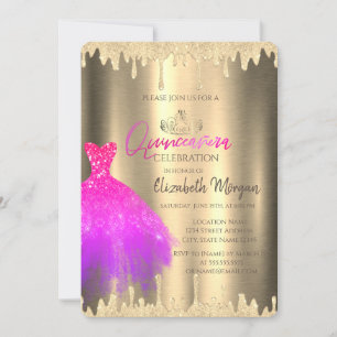 Pink Dress,Tiara,Glitter Drips Gold Quinceañera Invitation