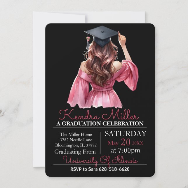 Pink Dress Watercolor Graduation Invitation (Front)