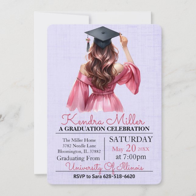 Pink Dress Watercolor Graduation Invitation (Front)