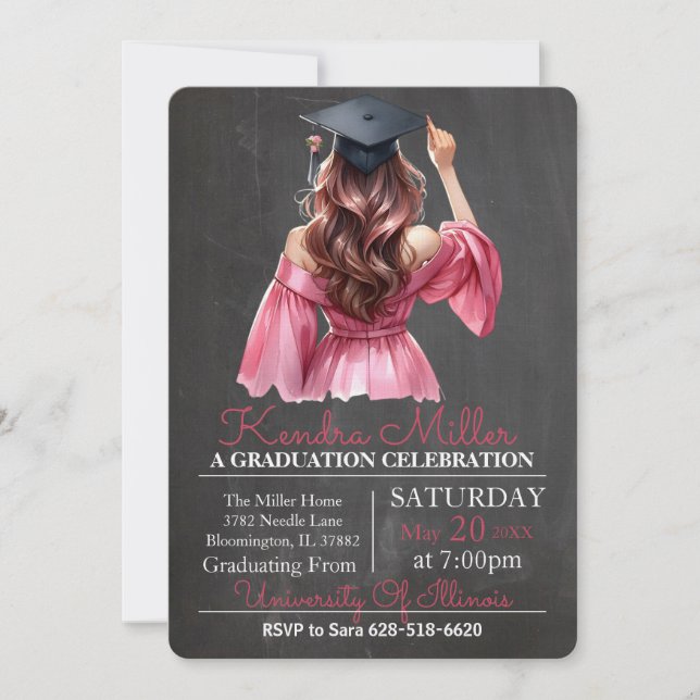 Pink Dress Watercolor Graduation Invitation (Front)