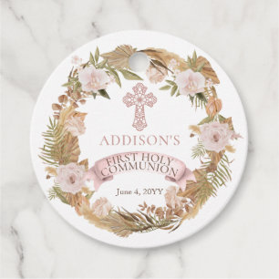 Pink Dried Floral Girl First Holy Communion Favour Tags