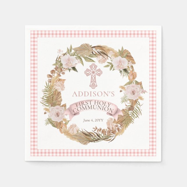 Pink Dried Floral Girl First Holy Communion Napkin (Front)
