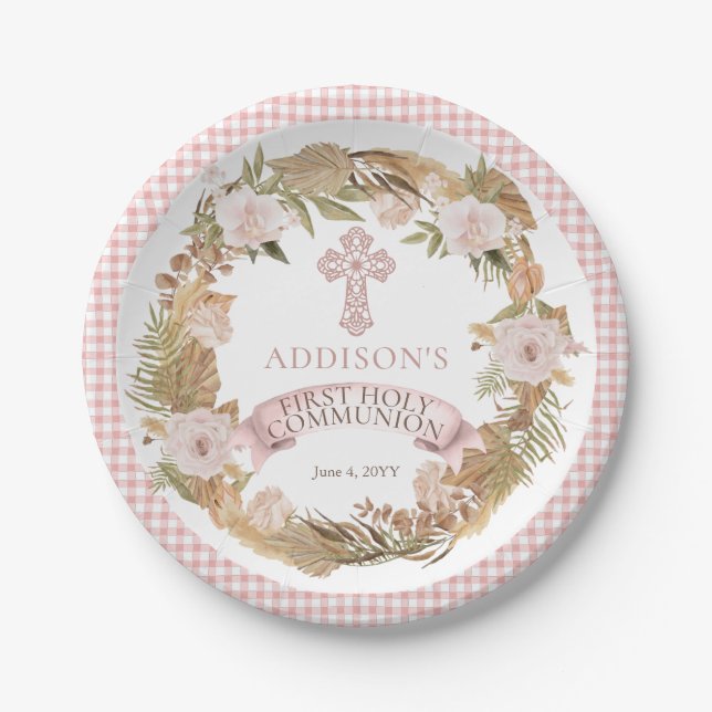 Pink Dried Floral Girl First Holy Communion Paper Plate (Front)
