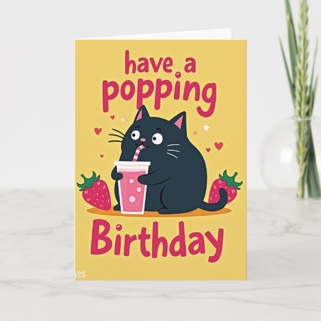 Pink Drink Cat Birthday Card (Front)