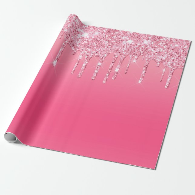 Pink Dripping Glitter Birthday Bridal Shower Gift  Wrapping Paper (Unrolled)