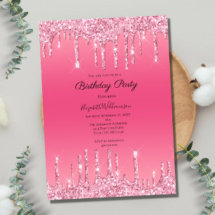 Pink Dripping Glitter Bling Glam Trendy Birthday Invitation