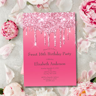 Pink Dripping Glitter Bling Sweet 16th Birthday Invitation