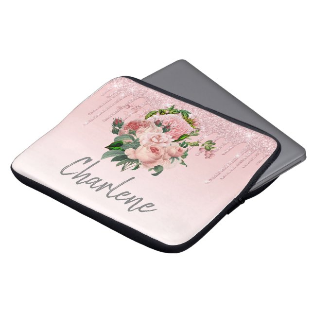 Pink Dripping Glitter Blush Pink Floral Bouquet Laptop Sleeve (Front Top)