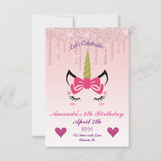 Pink Dripping Glitter/Floral Unicorn Birthday Invitation
