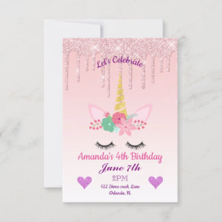 Pink Dripping Glitter/Floral Unicorn Birthday Invitation