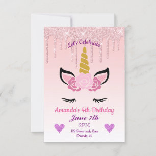 Pink Dripping Glitter/Floral Unicorn Birthday Invitation