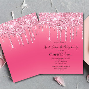 Pink Dripping Glitter Girly Trendy Chic Birthday Invitation