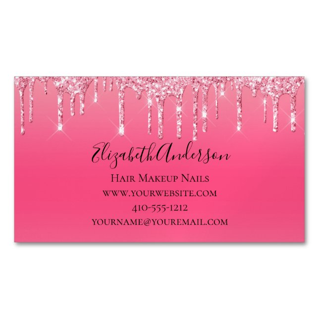 Pink Dripping Glitter Girly Trendy Chic Modern Magnetic Business Card (Front)