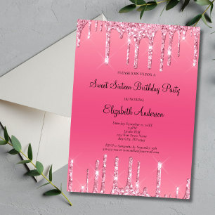 Pink Dripping Glitter Glam Sweet 16 Birthday  Invitation
