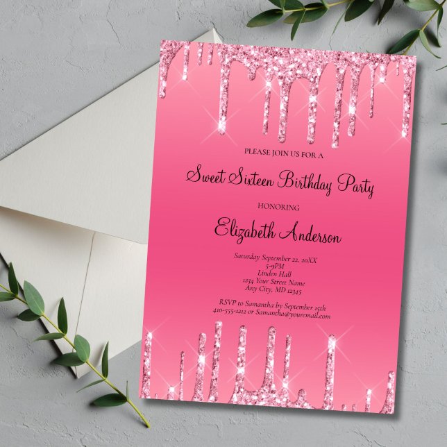 Pink Dripping Glitter Glam Sweet 16 Birthday  Invitation (Pink Dripping Glitter Sweet Sixteen Birthday Party Invitation, Bling Glam, Printed or Digital )