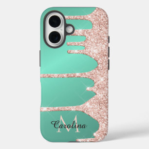 Pink Dripping Glitter on Teal iPhone 16 Case