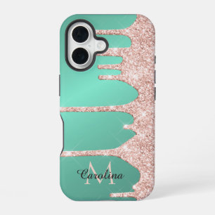 Pink Dripping Glitter on Teal iPhone 16 Case
