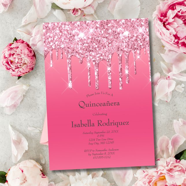 Pink Dripping Glitter Quinceañera 15th Birthday Invitation (Pink Dripping Glitter Quinceanera 15th Birthday party invitation for her.)