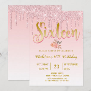 Pink Dripping Glitter   Sweet 16 Invitation