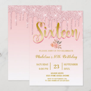 Pink Dripping Glitter   Sweet 16 Invitation