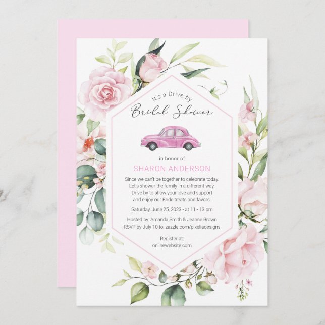 Pink Drive By Baby Shower Floral Drive Through Inv Invitation (Front/Back)